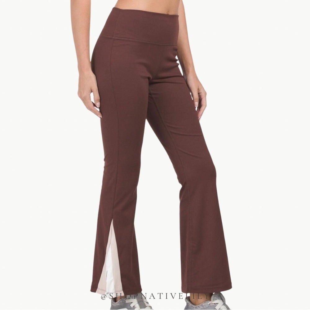 WILO The Label Flare Leggings Size Small Brown Colorblock Split Hem Yoga Pants